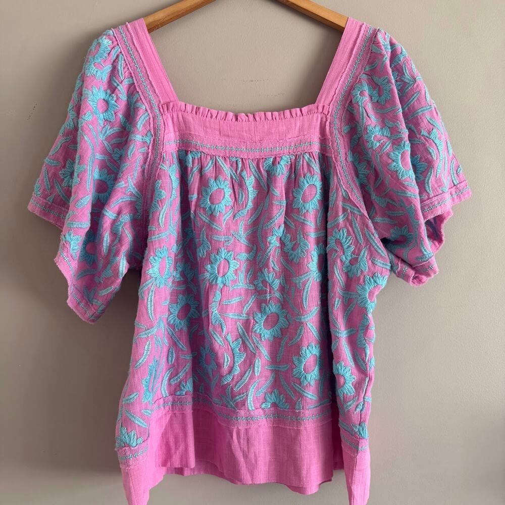 Sister Mary Pink Blue Embroidered Short Sleeve Blouse Solana Top Size L
